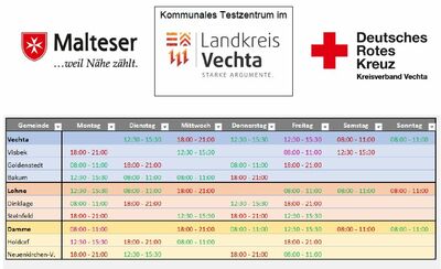 Bild vergrößern: Testzeiten in den kommunalen Testzentren des Landkreises Vechta ab 22.03.2021