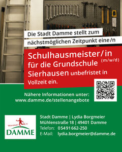 Die Stadt Damme sucht eine/n Schulhausmeister/in f�r die Grundschule Sierhausen (m/w/d)