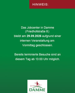 Bild vergr&ouml;&szlig;ern: Jobcenter in Damme bleibt am 29.09.2026 geschlossen.